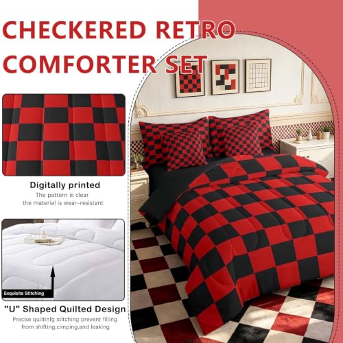 Image of Feelyou Checkered 7 Piece Bedding Set Teen Red Black Plaid Comforter Set with Sheets Full Size Kids Boys Cute Retro Neutral Checkerboard Geometric Bed in a Bag Vintage Aesthetic Room Decor