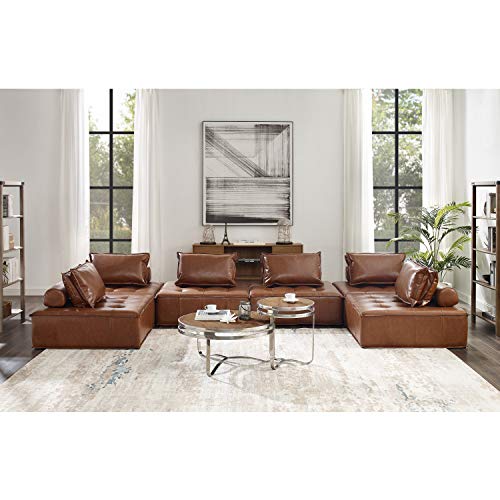 Volans Sectional Sofa, Mid Century Modern Leather Upholstered Square Modular Sectional Sofa Couch with Two Removable Non-Slip Pillows, Living Room Sofa Set, Congac（6 PCS）