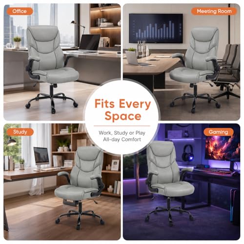 Image of Ergonomic PU Leather Office Chair - Executive Computer Desk Chair with Lumbar Support & Wide Seat, Adjustable Height Task Chair with 360 Swivel & Quiet Wheels for Home Office, Gaming, Gray