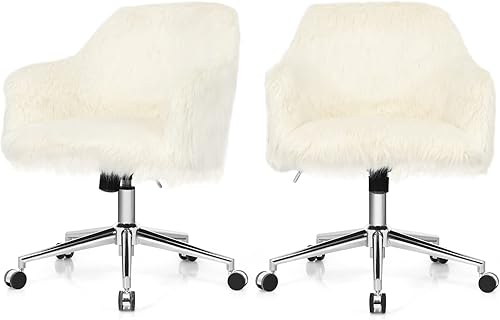 Miniatura 10 de COSTWAY Silla de escritorio de piel sintética, silla giratoria tapizada esponjosa para maquillaje con altura ajustable, reposabrazos, silla de