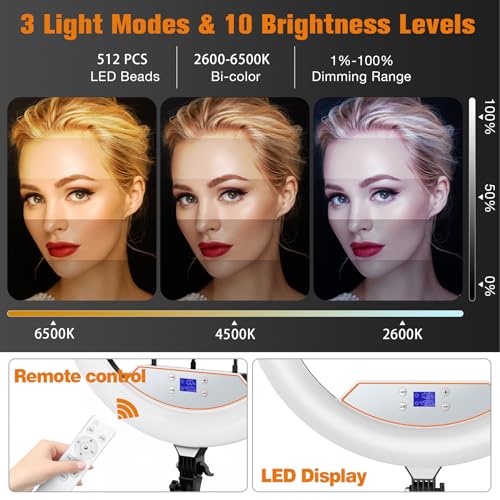 Image of 22 inchRing Light with Stand,Ring Light Tripod for iPhone ipad,with 75 inchTripod /LCD Display /4 ipad iPhone Clips /2 USB Ports,2600K-6500K Color Temperature,for Barber Makeup Tattoo TikTok Video Recording Vlog