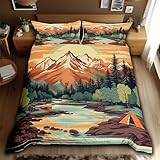 Mountain River Duvet Cover Set Queen Size,Retro Adventure Theme Comforter Cover 3Pcs,Nature Scenery Tent Bedding Set Kids Boys Girls Room Decor,Camping Bedspreads Cover,2 Pillowcases(NO Comforter)