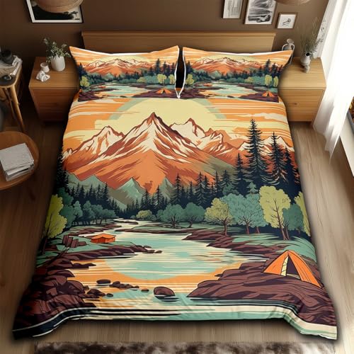 Mountain River Duvet Cover Set Queen Size,Retro Adventure Theme Comforter Cover 3Pcs,Nature Scenery Tent Bedding Set Kids Boys Girls Room Decor,Camping Bedspreads Cover,2 Pillowcases(NO Comforter)