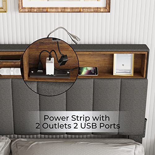 Tiptiper Queen Bed Frame With Usb Ports And Outlets, Upholstered Platform Bed With Storage Headboard, Queen Size With Shelf Headboard, 12 Wood Slats, No Box Spring Needed, Dark Grey #TOP3