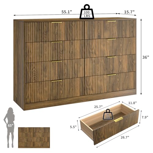 Image of Fluted 8 Drawer Double Dresser Wood,55 inch Wide Bedroom Dresser Mid Century Chest of Drawers Wooden with Gold Handle,Dressers TV Stand for Bedroom,Living Room,Walnut