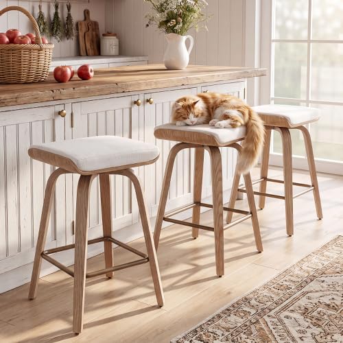 Image of HNY 26 inch Swivel Bar Stools Set of 3, Backless Counter Height Bar Stools with Removable Linen Cushion, 360 Swivel Wooden Saddle Stools with Footrest for Kitchen Island, Home Bar & Small Spaces