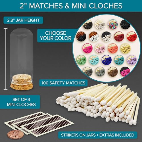 Image of 2 inch Matches in 3 Mini Glass Cloche Jars + Striker Stickers Included | 100 Matchsticks Color of Your Choice | Decorative Safety Matches w /a Dome Glass Holder | Gifts & Home Decor by Thankful Greetings