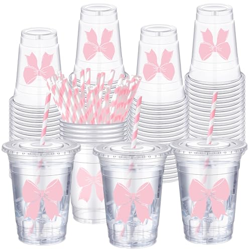 Sliner 16 oz 25 Pcs Pink Bow Coquette Plastic Cups with Straw