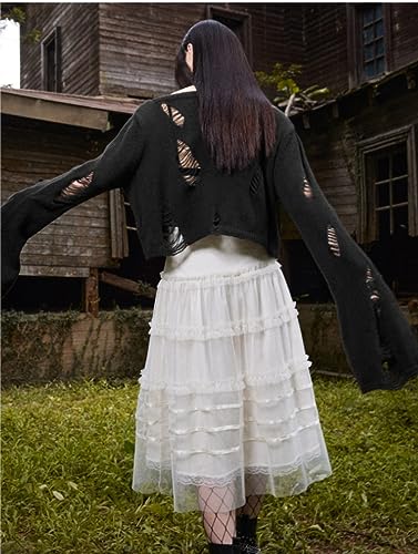 Image of URAWESO Gothic Hollow Sweater Ripped Punk Crochet Tops Distressed Gyaru Y2k Black Knit Pullover with Holes