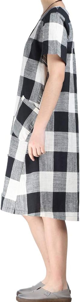 FTCayanz Women's Linen Shirt Dresses Summer Casual Short Sleeve Plaid Tunic Midi Dress - Image 3