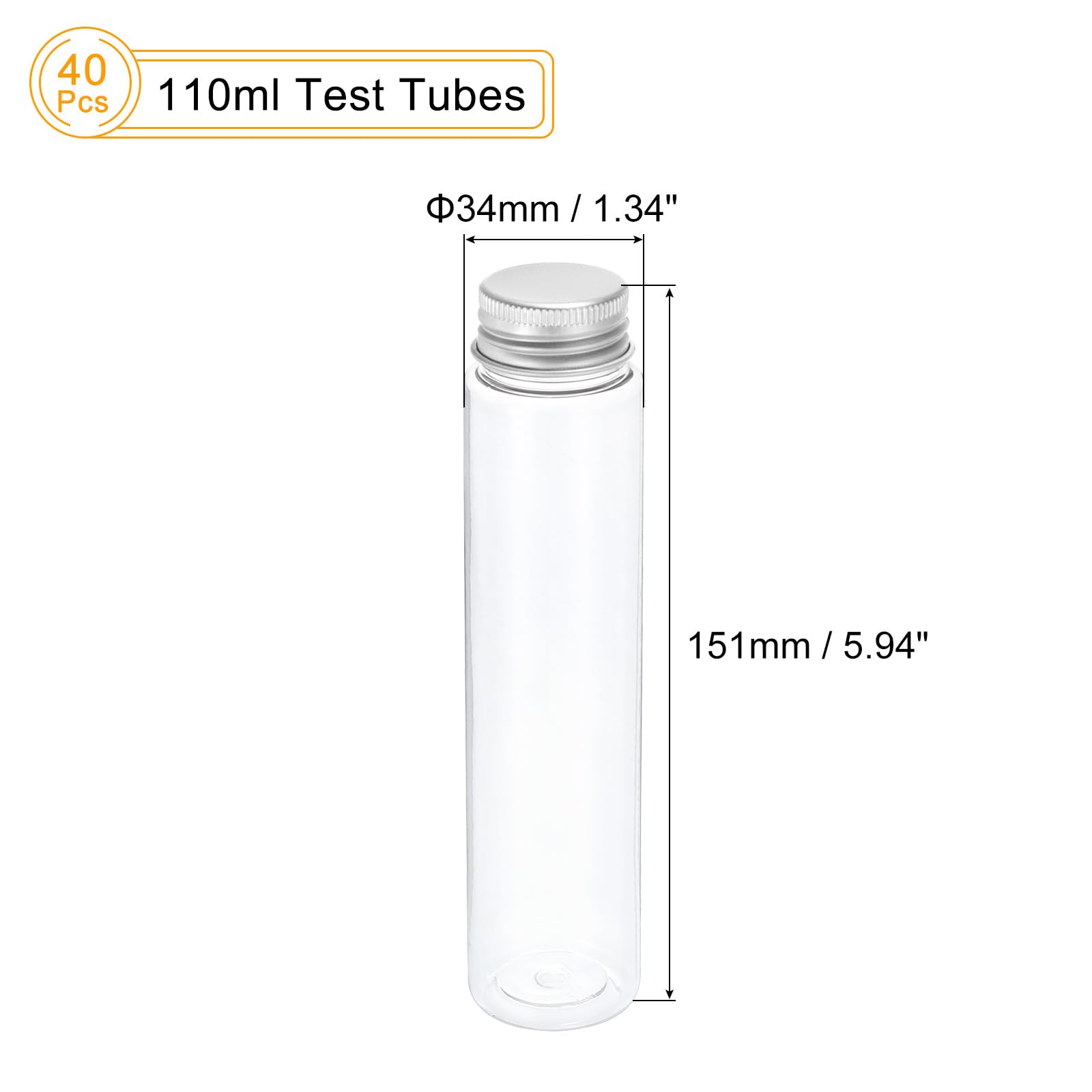 PATIKIL Tubi plastica da 110 ml con tappi a vite, 40 pezzi, 151x34 mm, per decorazioni scientifiche, conservazione caramelle, perle, sale da bagno, uso in laboratorio, tonalità argento