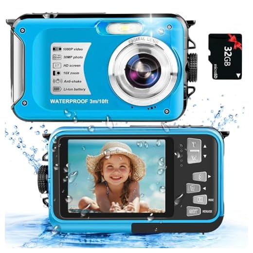 Fotocamera subacquea con scheda 32 GB fotocamera digitale impermeabile 10FT 30MP FHD 1080P compatta 16X zoom digitale subacqueo bambini fotocamera subacquea per snorkeling