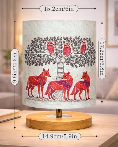 Image of Homesake Pine Table Lamp Wooden Bedside Lamp Simple Bedroom Light Linen Shade Mini Desk Lamp Nightstand Lamp for Bedroom, Living Room, Gift, (Gond Art of India Shade Cylinder)