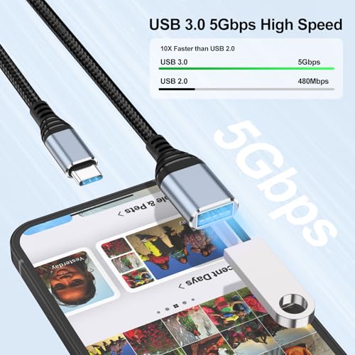 Image of Tobfit USB C to USB Adapter Aluminum OTG Cable Type C Male to USB-A Female 3.0 OTG Adapter, Nylon Braided Fast Charge and Data Transfer Cord for iPhone 16 15 14 13 12 Pro Max Plus,Galaxy S25 S24