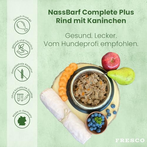FRESCO Dog NassBarf Kaninchen mit Rind 12 x 400g | Hundefutter Nass getreidefrei | 80% Frischfleisch | Nassfutter für Hunde ohne künstliche Zusätze | Aus Deutschland