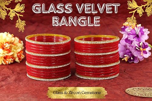 Image of NMII Fancy Glass Golden Zircon Diamond Stone & Velvet Finish Plain Bangles Set For Women & Girls | Glass Velvet Bangles | Kanch ki Chudiyan | Girl's Bangles Bracelet | Fashion Jewellery- Set of 32
