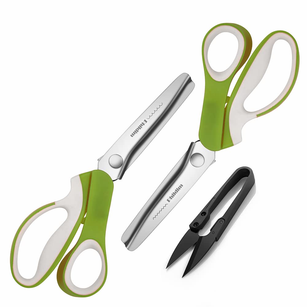 Pinking Shears Set (Pack of 2 PCS, Serrated & Scalloped Edges) by Phildim - Zig-zag Scissor for Fabric Leather & Paper - Pinking Dressmaking Sewing Scissors PD-002-UK-B