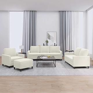 Moderne 4-TLG. Sofagarnitur Creme Samt mit Kissen, bequemes Wohnzimmer Set inkl. Sessel, 2-Sitzer, 3-Sitzer und Hocker für gemütliches Entspannen, Fernsehen, Gästeempfang