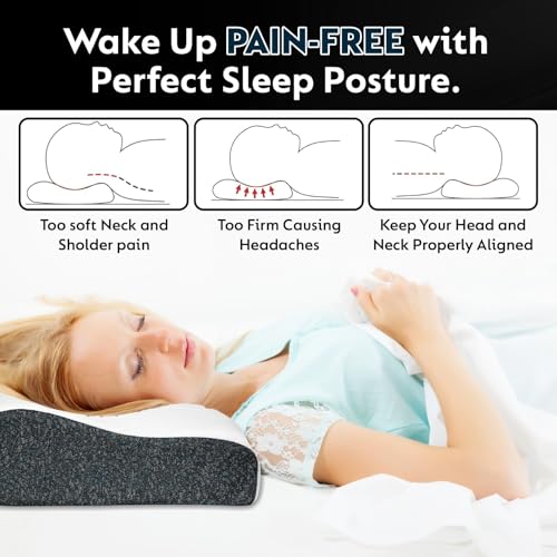 Image of KITCHIVO Memory Foam Pillow, Contour Cervical Orthopedic Memory Foam Pillows Supports Neck Pain and Shoulder Pain for Sleepin Cervical Pillow Neck Support Pillow for Side Back (WHITE & BLACK HEATHER)