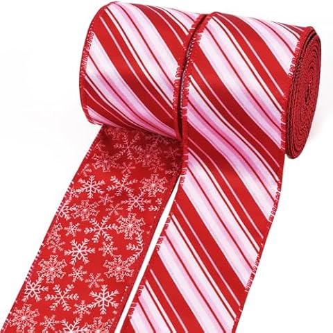 LaRibbons Christmas Wired Ribbon 2.5 inch Double Faced Red Snowflakes and Striped Christmas Ribbon for Tree Garland, Wreath Bow, Xmas Crafts Decorations, 2 Rolls 10 Yards Total Cover
