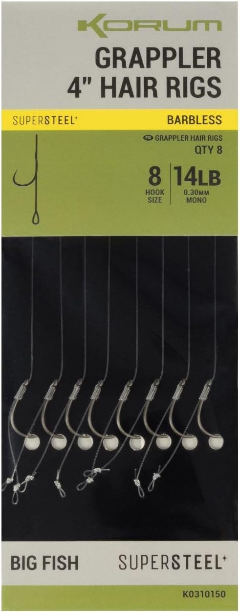 Korm Grappler Hair Rigs Qty 8 (4, 8 Barbed)