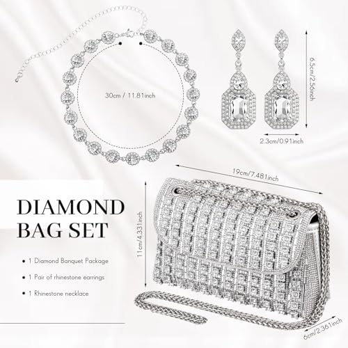 Image of Landical 3 Pcs Rhinestone Clutch and Jewelry Set for Women, Crystal Diamond Earring & Necklace, Evening Wedding Formal