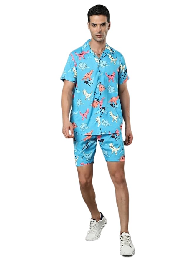 bushirt Men’s Casual Co-Ords Set Half-Sleeve Rayon Printed with Lapel Collar & Comfortable Shorts - Regular Western Style Night Suit Sky Blue-M-picture-49