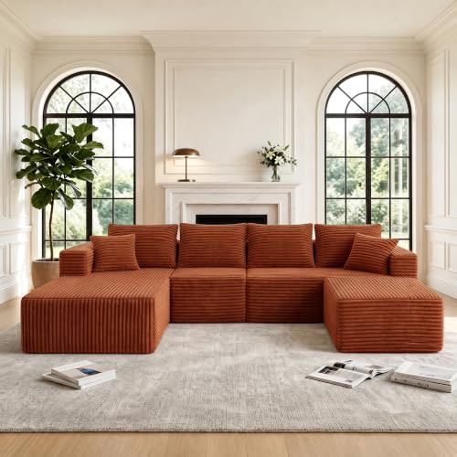 Image of 118 inch U-Shaped Modular Sectional Sofa, Corduroy Cloud Couch with Chaise & Ottoman, Oversized Deep Seat Boneless Couches for Living Room, No Need Assembly - Orange (Left Facing Chaise)