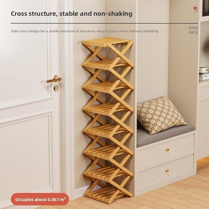 Bamboo Shoe Rack Organizer, 2-10 Tiers, Natural Wood or Tea Color, No-Tool Assembly, Foldable Storage Shelf for Entryway, Closet, Corner, Bedroom, Hallway (Brown, 10 Layer)