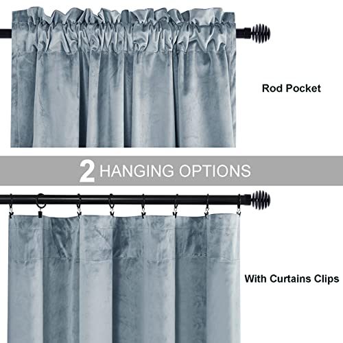 Jiuzhen Velvet Curtains 84 Inch Long–Soft Retro Velvet Blackout Thermal Insulated & Noise Reducing Rod Pocket Curtains For Living Room, 60 X 84 Inches, 2 Panels With Tiebacks,Stone Blue #TOP2