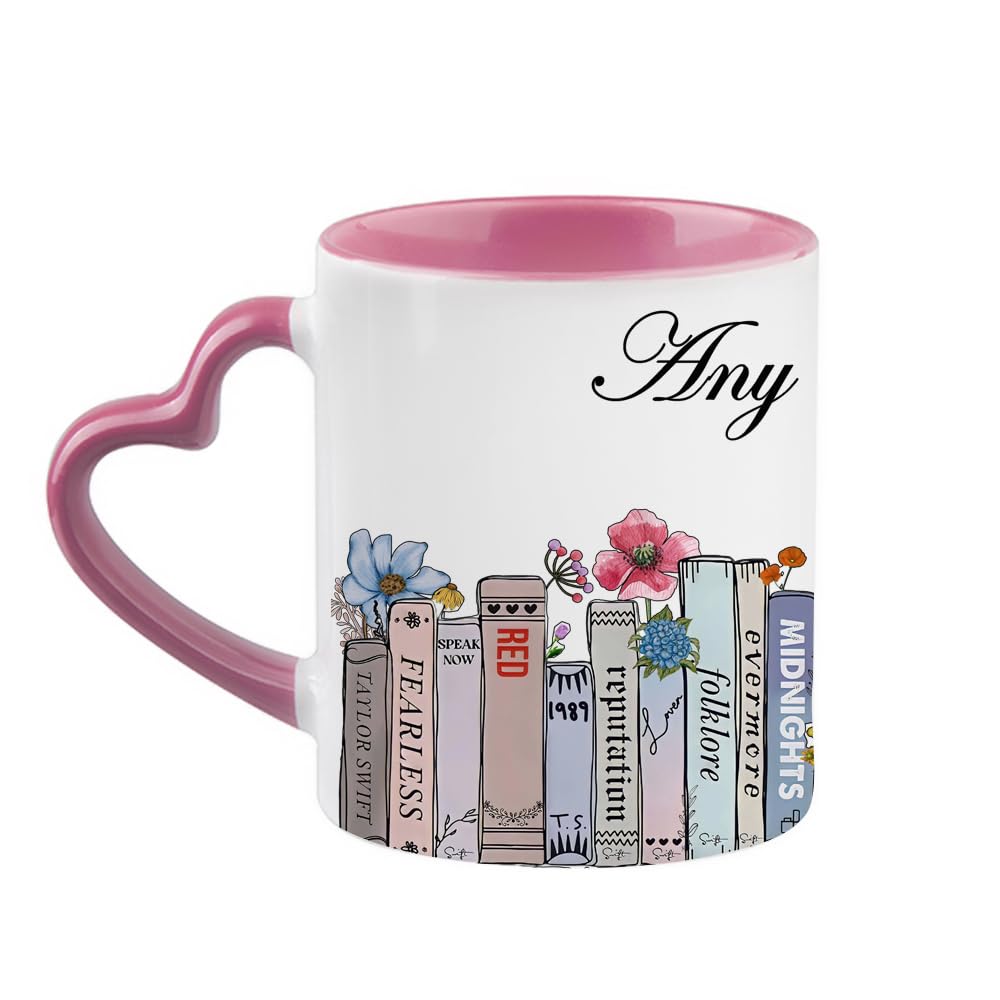 Getagift Personalised Swiftea Mug, Taylor Floral Bookcase Albums Design Mug, Heart Handle Coffee, Tea Mug. (Pink)