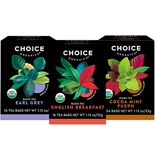 Choice Organic Teas Black Tea Variety Pack Sampler - Includes English Breakfast, Earl Grey, and Cocoa Mint Puerh Teas - Fair Trade - Compostable - 48 Organic Black Tea Bags (Pack of 3)