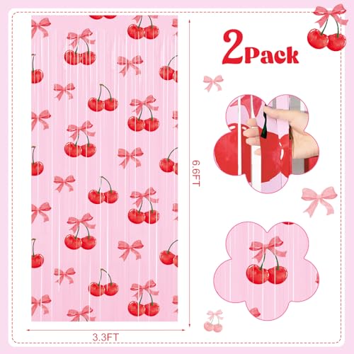 Image of Tiamon 2 Pack Cherry Party Decorations 3.3 x 6.6 Ft Foil Fringe Curtains Red Cherry and Bow Birthday Backdrop Tinsel Streamers Photo Booth for Fruit Baby Shower Birthday Party Supplies