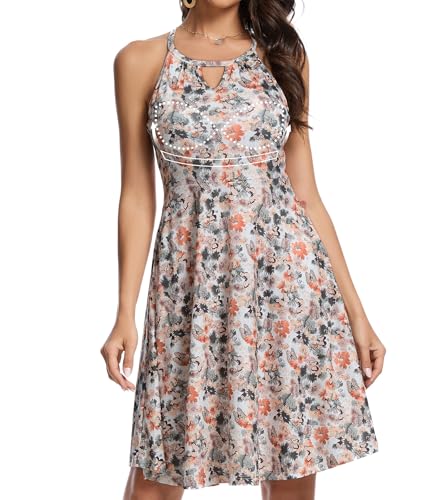 Image of JOYSHAPER Built in Bra Summer Dress Casual Beach Sundress Flowy Halter Dress with Pockets