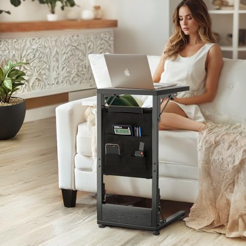 Image of Folding C Shaped End Table, Small Folding Side Table with Storage Bag, Portable TV Tray for Couch, Sofa, Bed, Black
