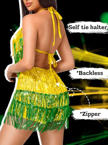 Image of Kaei&Shi Sequin Fringe Romper,Sparkly Glitter Metallic Jumpsuits For Women,Backless Shorts Dress Disco Birthday Dance Outfit