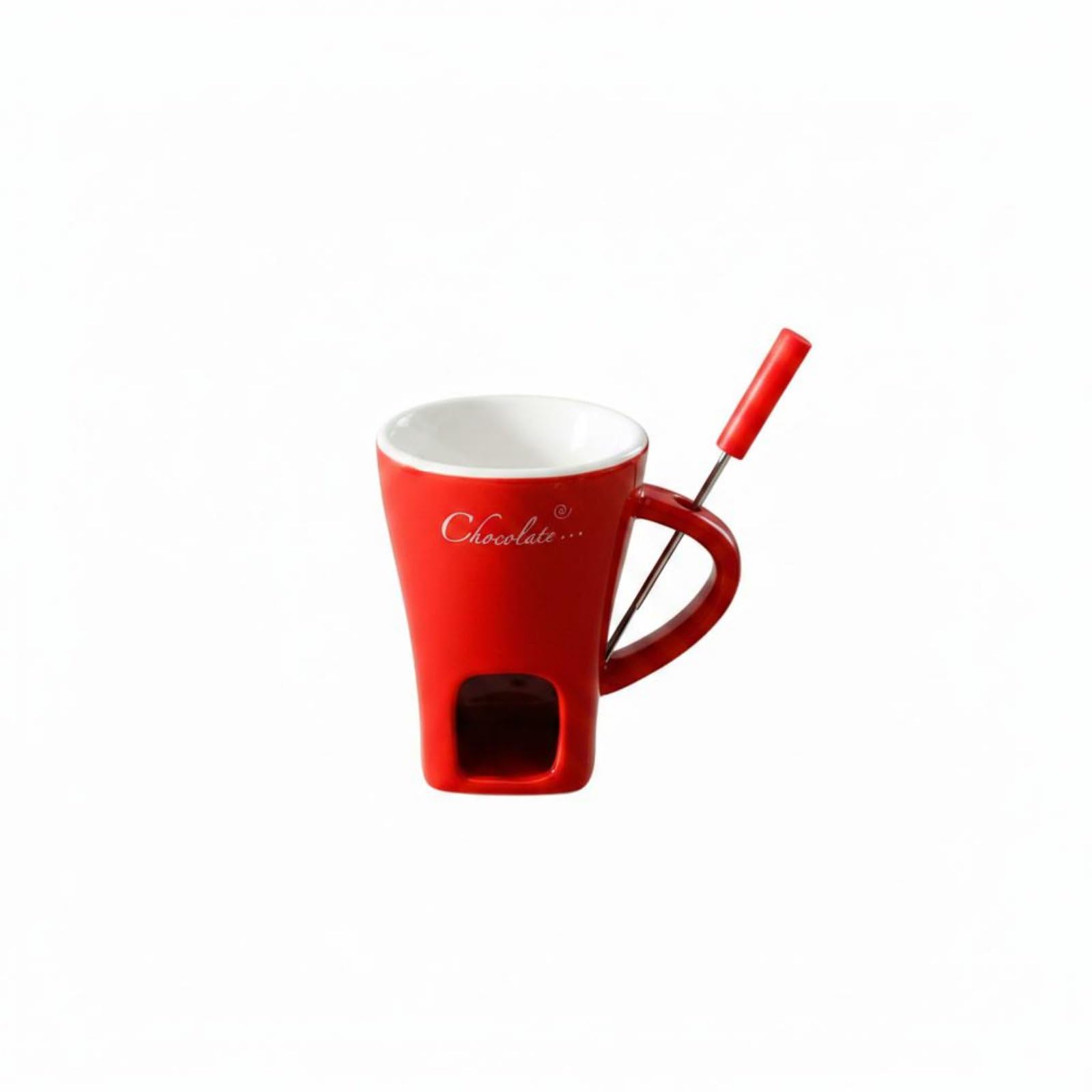 Includes Dipping Fork Personal Fondue Mug Heart Pattern Ceramic Chocolate Melter Tea Light Fondue Set for Couples, Dessert Time, Parties, Date Night, Red English-image-45