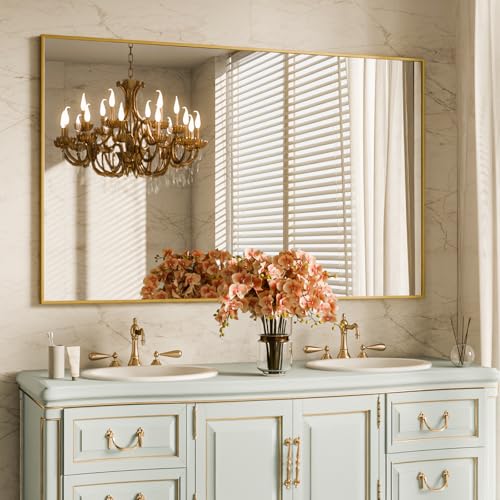 BEAUTYPEAK Specchio rettangolare da parete, 120 x 75 cm, elegante cornice in alluminio dorato, infrangibile per bagno, camera da letto, soggiorno