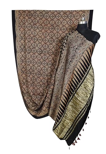 Image of Ethnics of Kutch Womens Ajrakh Modal Silk Natural Dye Golden Border Hand Block Print Saree with Blouse Piece - 5.5 Mtr Length (Black 05C01E)