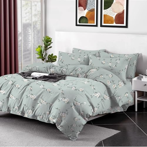 Image of Duvet Cover Set 135x200cm 100% Egyptian Cotton 400 Thread Count Luxury Floral Printed Flower Design Breathable Soft Bedding Set 2 Piece with Pillowcase Machine Washable (Mint Bloom, Super King)