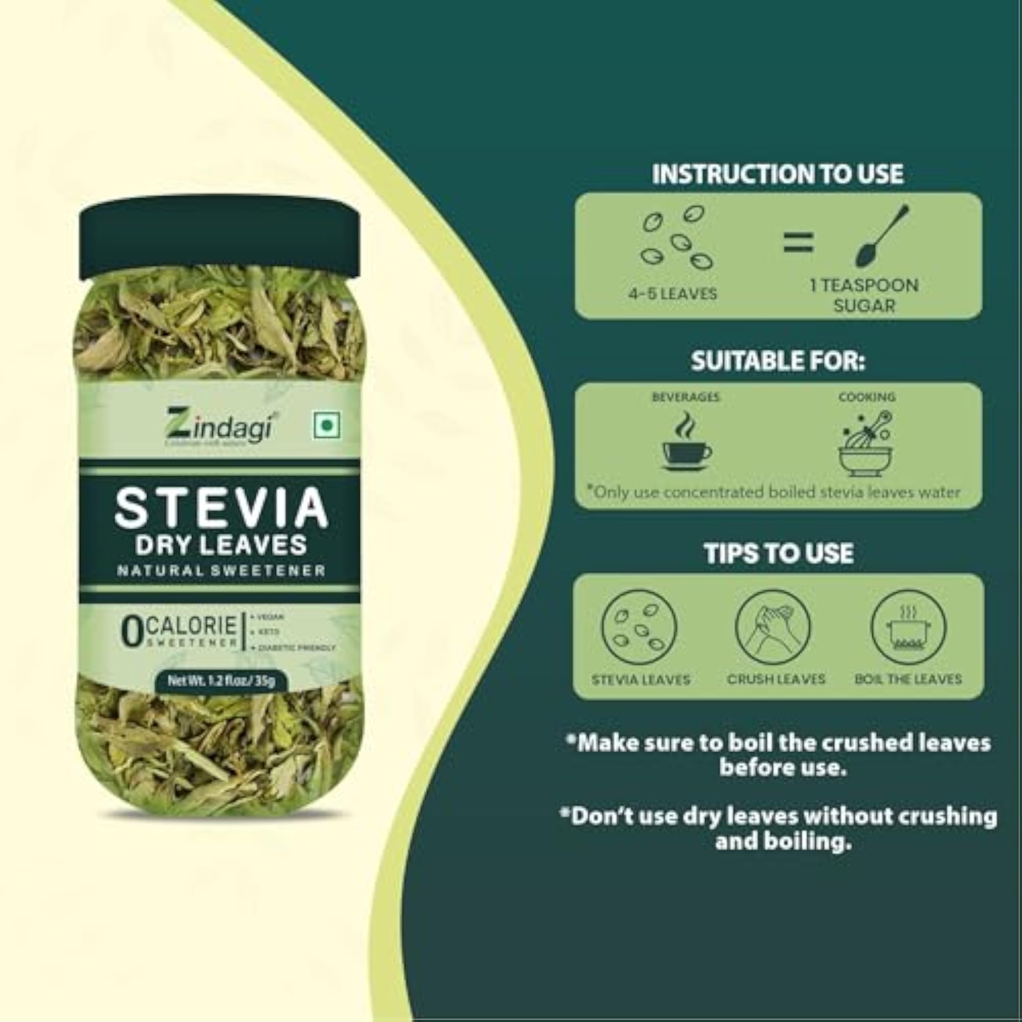 Zindagi Natural Sugarfree Sweetener - 100% Pure Stevia Extract