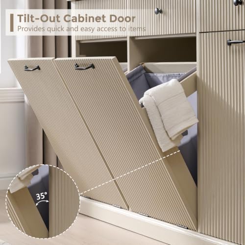Image of IFBUY Triple Tilt Out Laundry Hamper Cabinet, Trash Can Cabinet, Cream