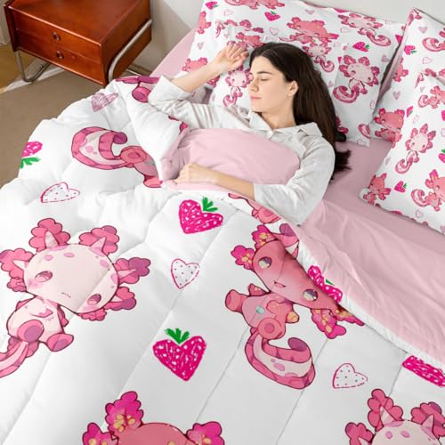 Image of Feelyou Kids Cute Axolotl 7 Pieces Bedding Set King Size, Strawberry Bed in A Bag Boys Girls Kawaii Ocean Sealife Comforter Set with Sheets Cartoon Fruit Teens Bed Set Bedroom Decor 7Pcs