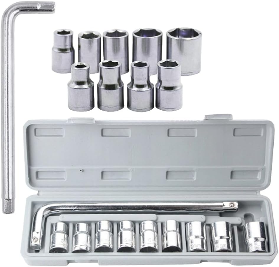 Socket Wrench Set 10 in 1 Toolkit | L-Shaped Handle with 9 Chrome Plated Sockets | Multipurpose Hand Tool Kit for Car, Bike, Home & Garage Use | Compact Storage Case Included