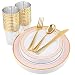 NERVURE 25 Guest Gold Plastic Plates with Gold Silverware,Disposable Cups-Include 25 Dinner Plates, 25 Dessert Plates, 25 Forks, 25 Knives, 25 Spoons & 10 oz Plastic Cups (Pink)