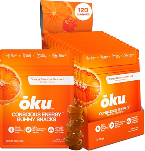 Image of ōku Energy Chews - Energy Gummies w /Natural Caffeine from Green Tea | Yerba Mate, Coconut Water for Hydration, 4g Vegan Fiber Gummy, Non-GMO | Running, Cycling, On-the-Go Snacks, Orange (12-Pack)