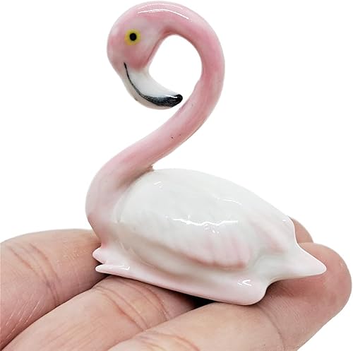 WitnyStore Pequeña figura de pájaro flamenco sentado de 1 pulgadas de largo, rosa y blanco, hecha a mano, pintada a mano, pájaros de cerámica,