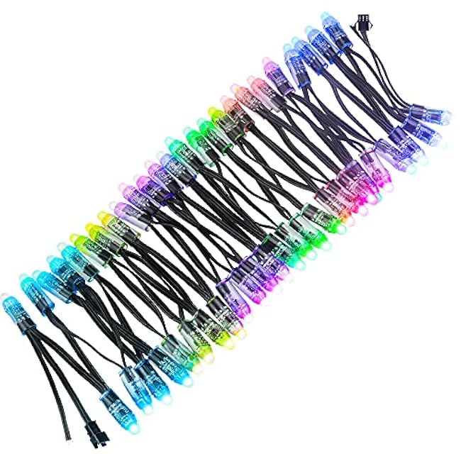 ALITOVE 50pcs DC 12V WS2811 LED Pixel 12mm Round Diffused RGB Addressable Dream Color Round LED Bullet Pixels Module IP68 Waterproof for Billboard House Halloween Christmas Decor