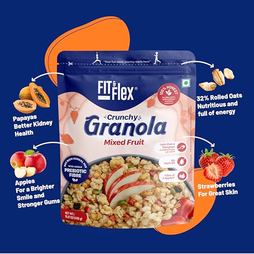 Fit & Flex Baked Crunchy Granola Mixed Fruit Oat Rich Cereal With High Protein & Fibre Ready To Eat Granola For Breakfast Real Freeze Dried Fruits Snacks As Seen On Shark Tank India 450 Gm (Pack of 2)
