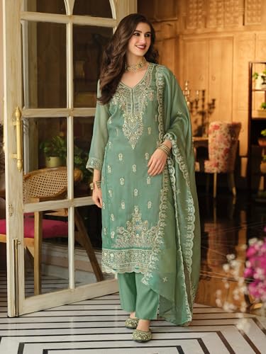 Image of INDO ERA Women's Straight Organza Ethnic Motifs Embroidered Kurta & Pant With Dupatta Set (KH9YL10613)